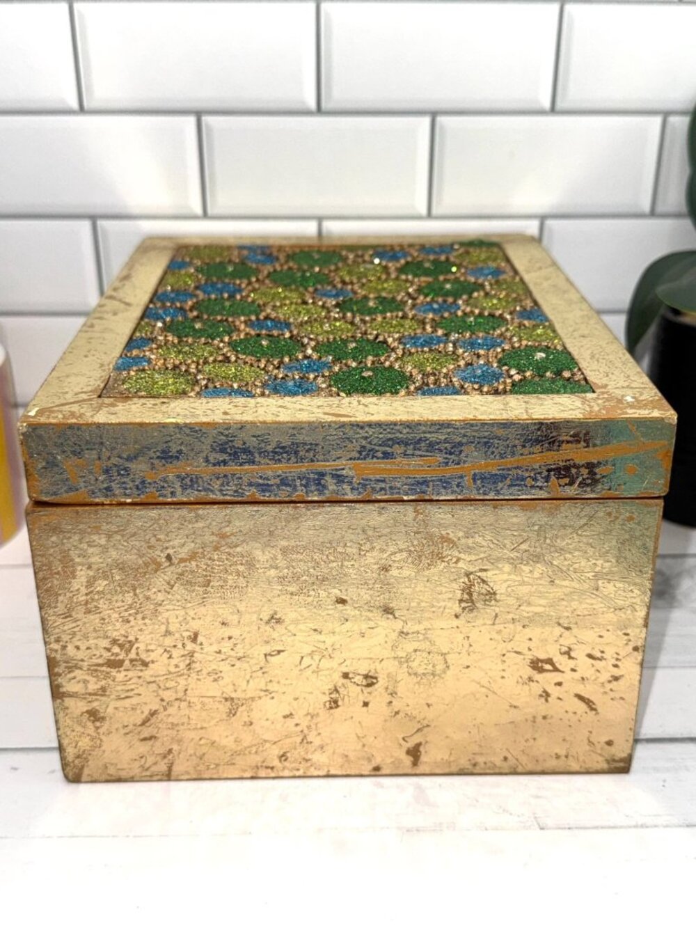 Boho Holiday Decorative Gold Box With Glittered Green & Blue Detailing - Picture 10 of 10
